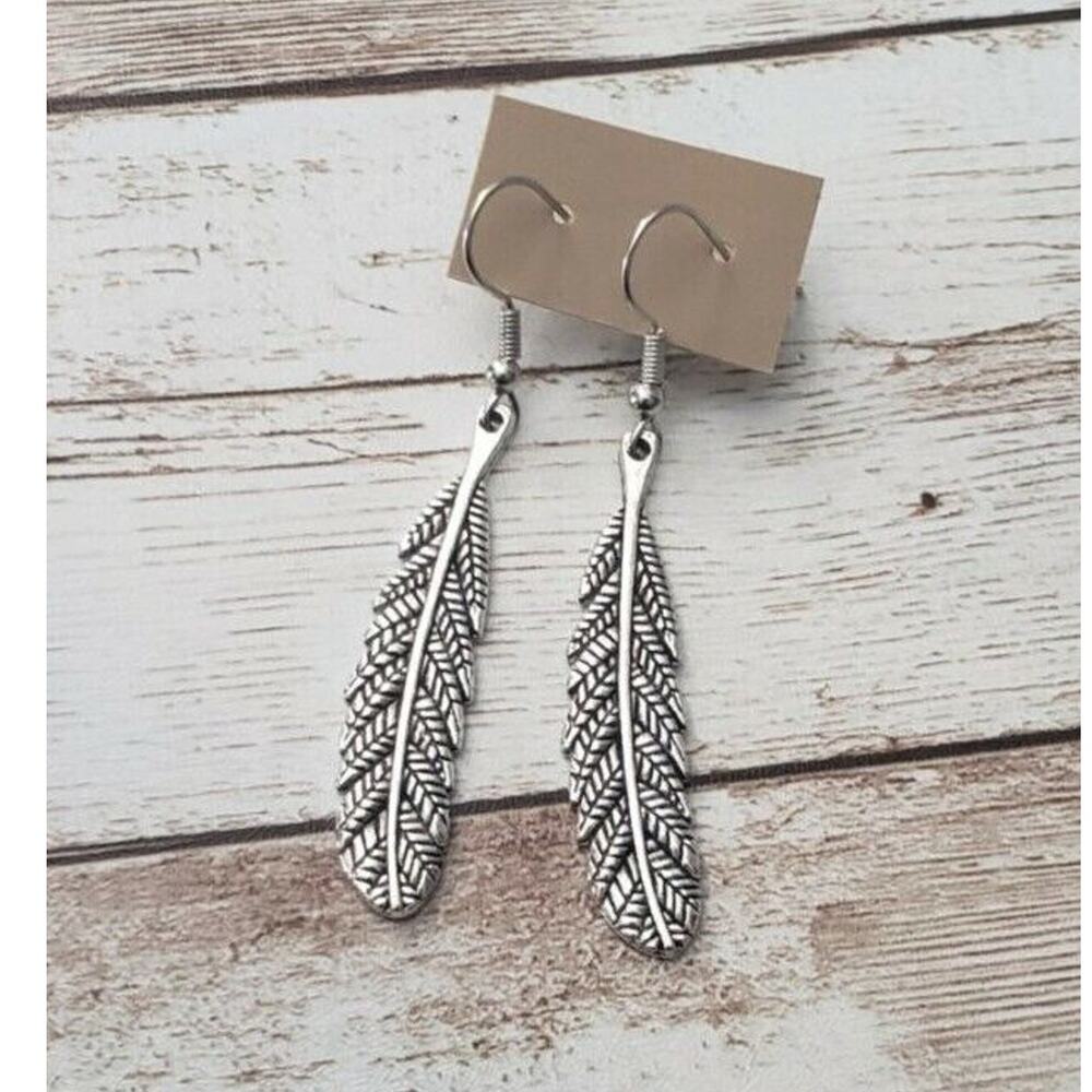 Single Feather Silver Tone Dangle Earrings - New